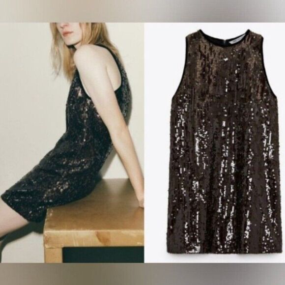 Zara Limited Edition Sequin Mini Dress Size M Brown Sleeveless Cocktail Party - Picture 1 of 12
